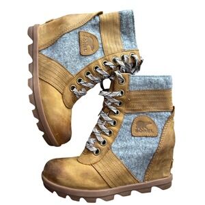Sorel Lexie Wedge Heel Boots Camel Brown Grey Felt Lace Up Winter Womens 7
